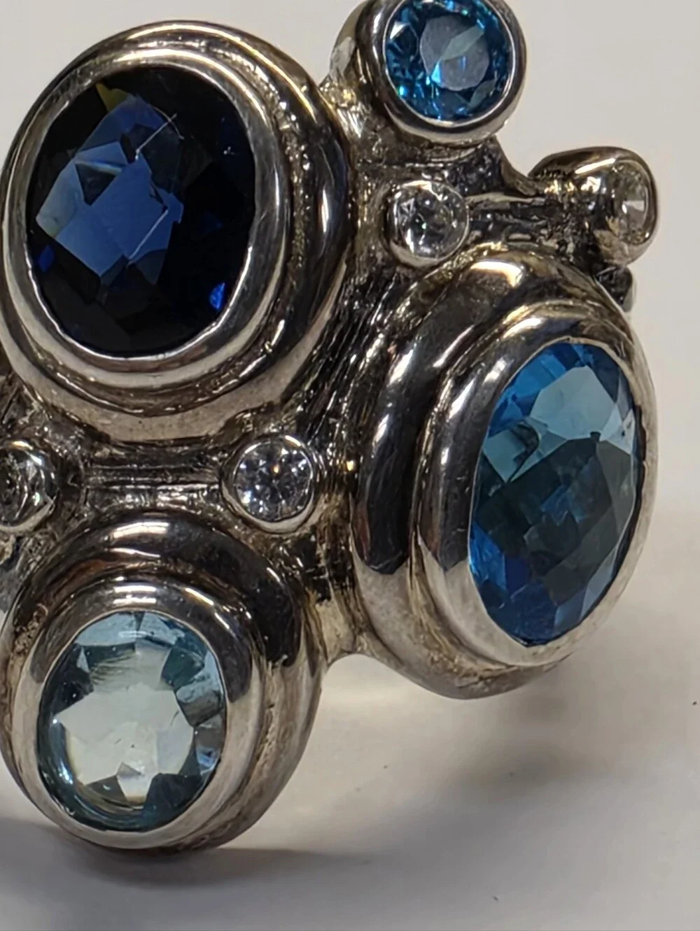 Sterling Silver Mosaic Multi Blue Gemstone Cocktail Ring Size 7.5
